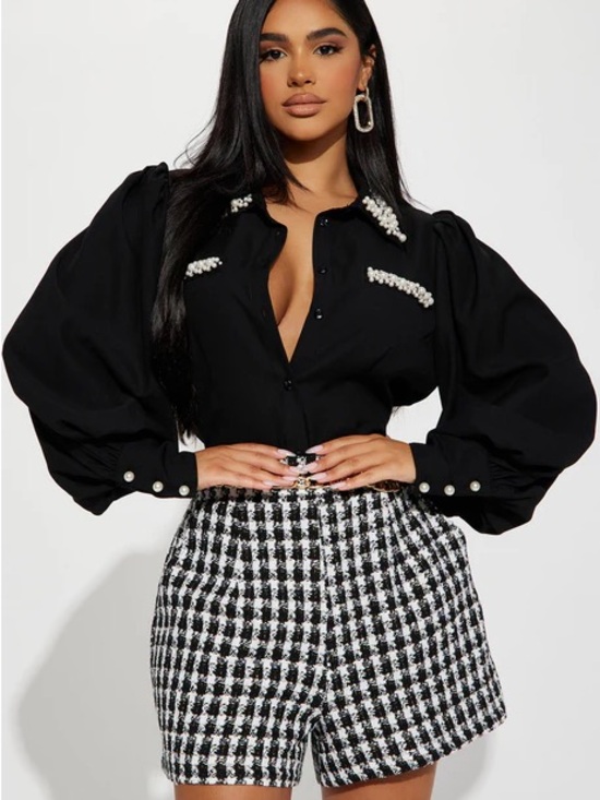 Fashion Nova Tops - Fashion Nova Black Pearl-Trim Puff Sleeve Blouse- LIKE NEW- SIZE LARGE